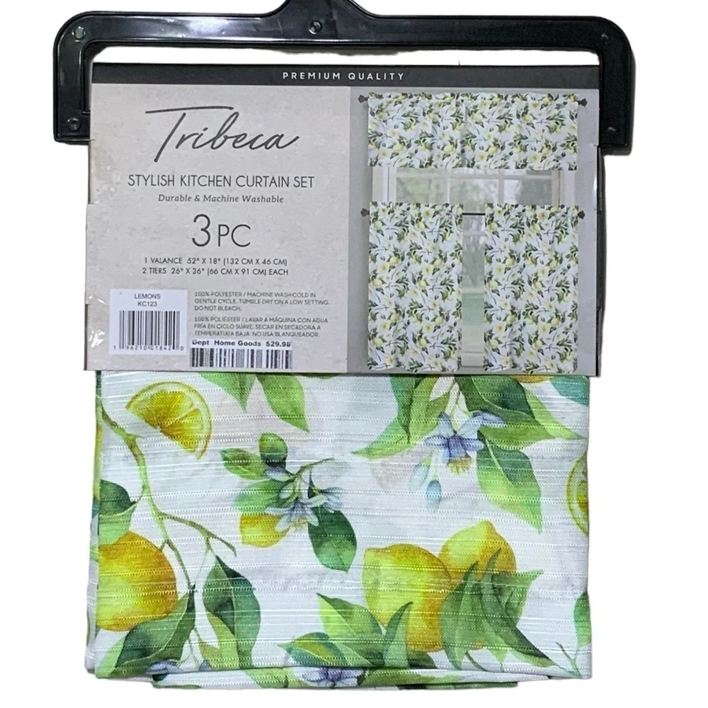 Tribeca Cafe Curtain Set Lemon Print 3 Piece Tier Set Fruit Floral White Yellow